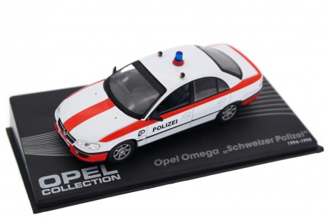 Altaya Opel Omega B 3.0i Kantonspolizei Zürich Patrouillenwagen 1994 - Glacier White/Luminous Red