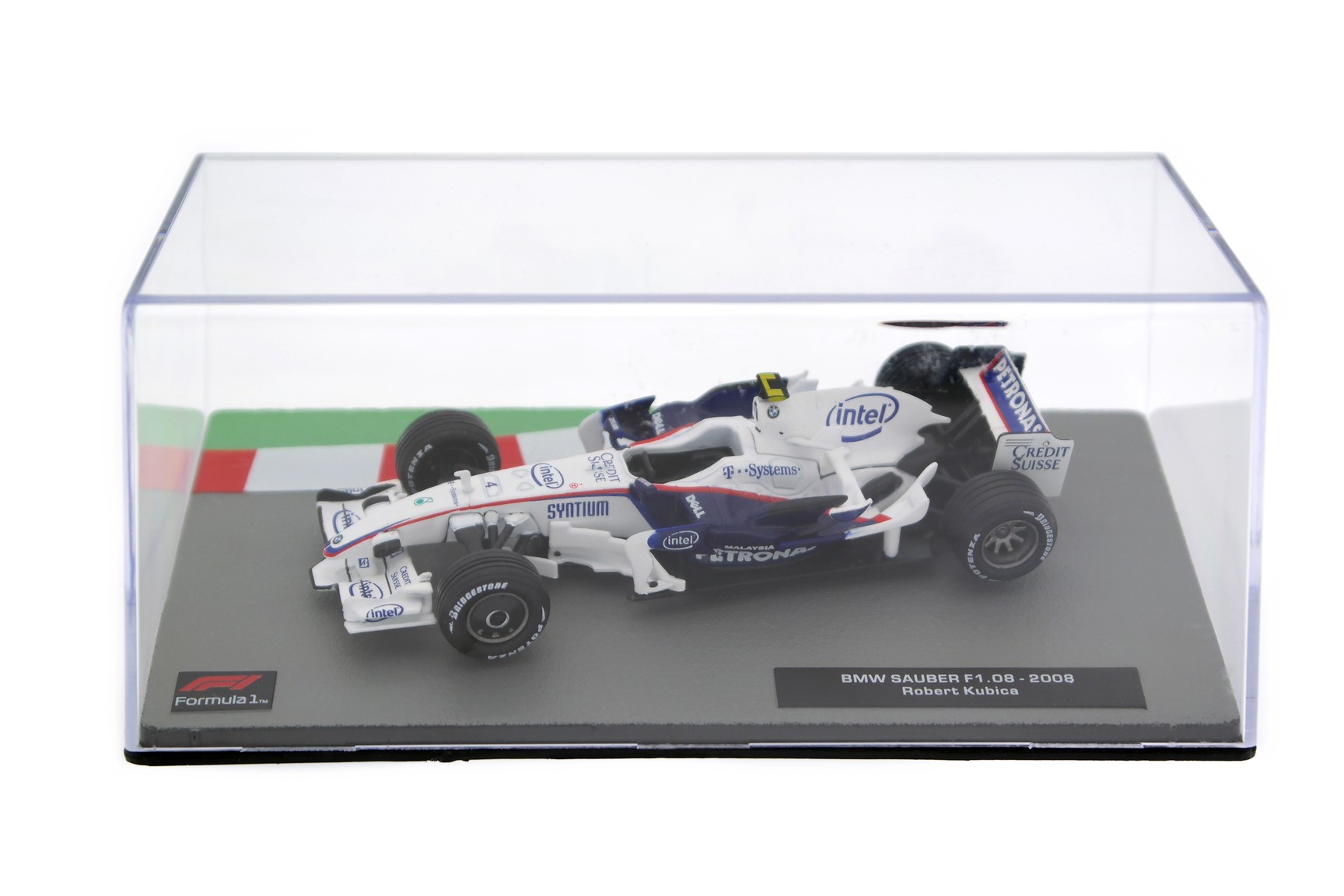 A collectible scale model BMW Sauber F1.08 from Altaya F1