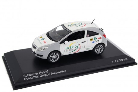 Norev Opel Corsa D 3‑door Schaeffler Hybrid Car 2010 - Casablanca White/Light Grey/Schaeffler Livery