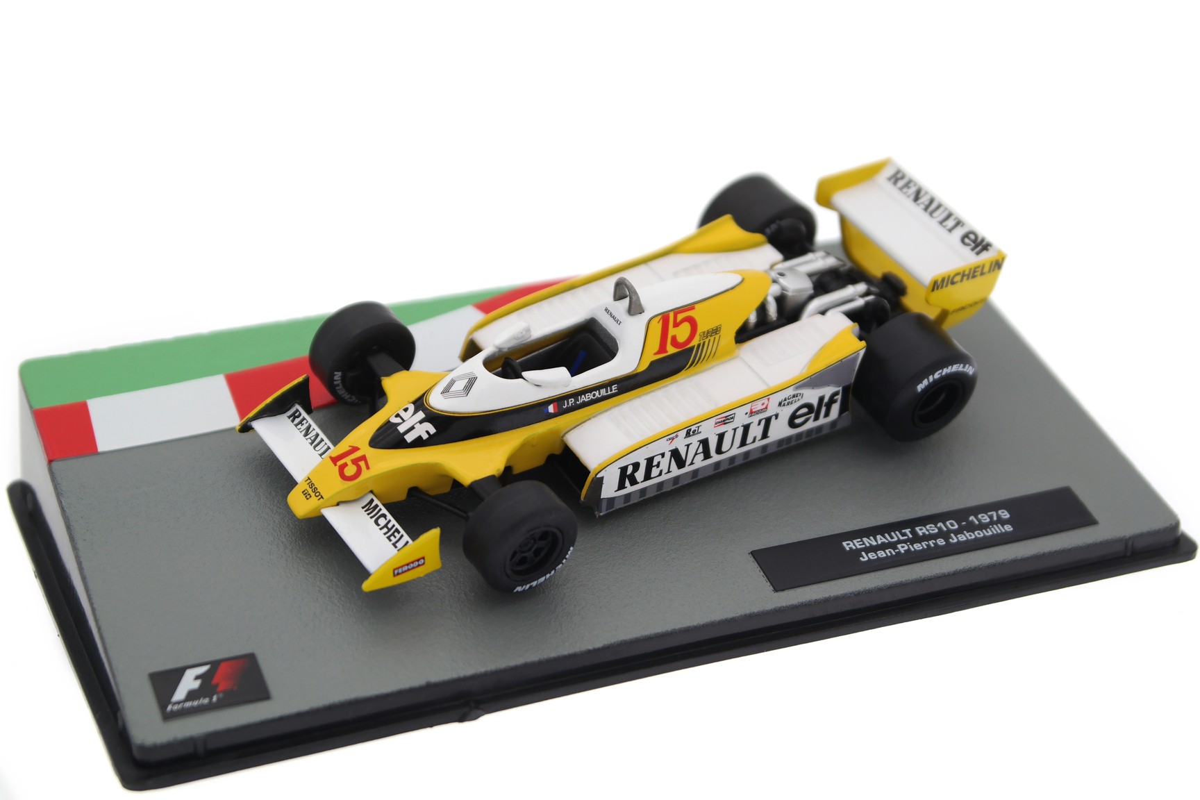 A collectible scale model Renault RS10 from Altaya F1